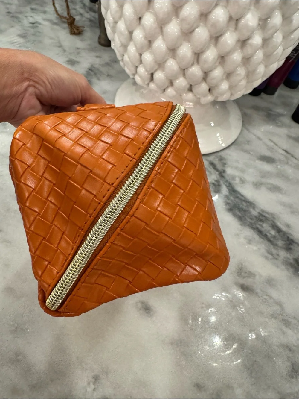 Amazon Orange Woven Cosmetic Bag with Gold Zipper